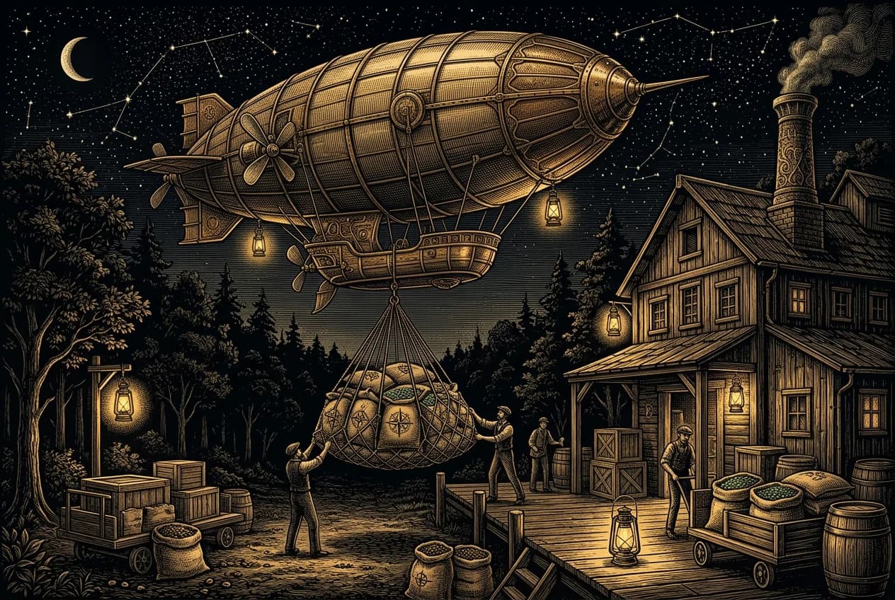 Ilustrace: Vzducholoď spouští na dřevěné molo pytle zelené kávy