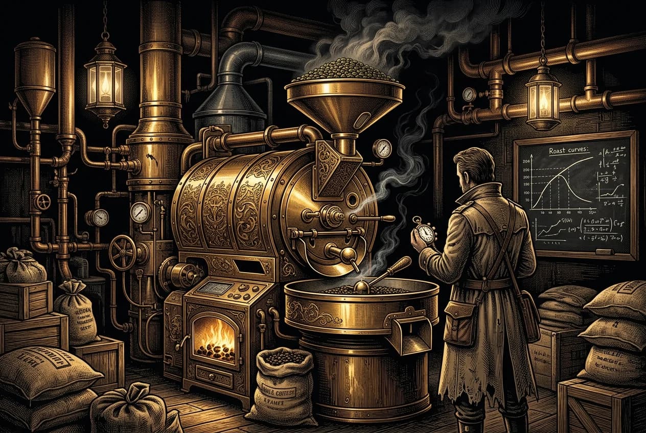 Ilustrace: Mosazný bubnový pražicí stroj a pražič s kapesními hodinkami